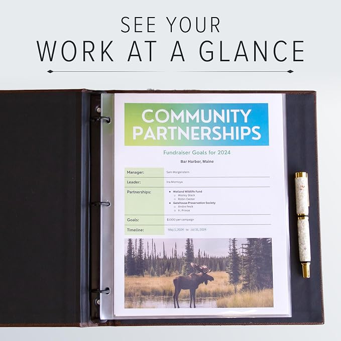 Gallery Leather 3 Ring Binder with Plastic Sleeves, Includes 10 Sheets, Sheet Size: 8.5" x 11" - Presentation Binder Rings with Hubbed Spine, Thick: 1.25" Freeport Black