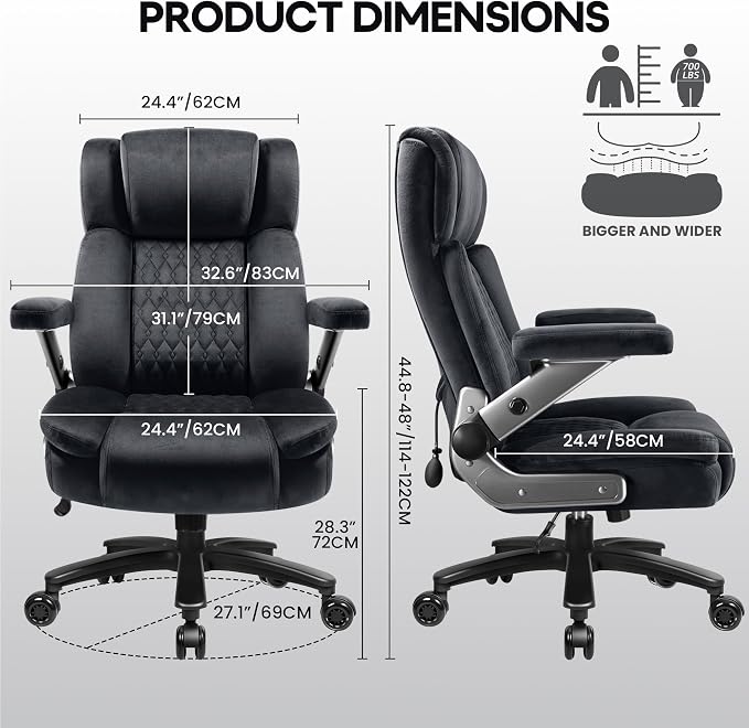 Fabric 700LBS Large Heavy Duty Office Chair with 5D Flip Arms, Big and Tall Cloth Office Chair,High Back Computer Executive Desk Chair with Adjustable Lumbar Support,Dual Rubber Wheel(Black)