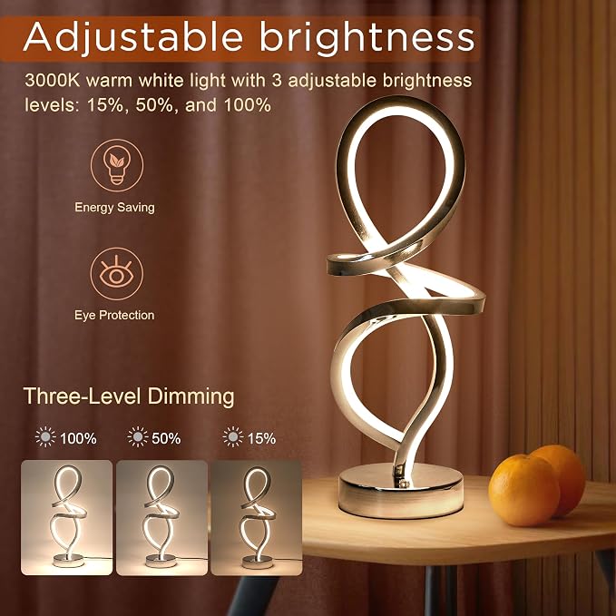 Mayful RGB Modern Table Lamp with 15W LED Unique Spiral Design, Silver Small Bedside Lamp & Nightstand Lamp, Touch Dimmable with 7 Colors & 10 Modes for Bedroom, Living Room, Nightstand, Office