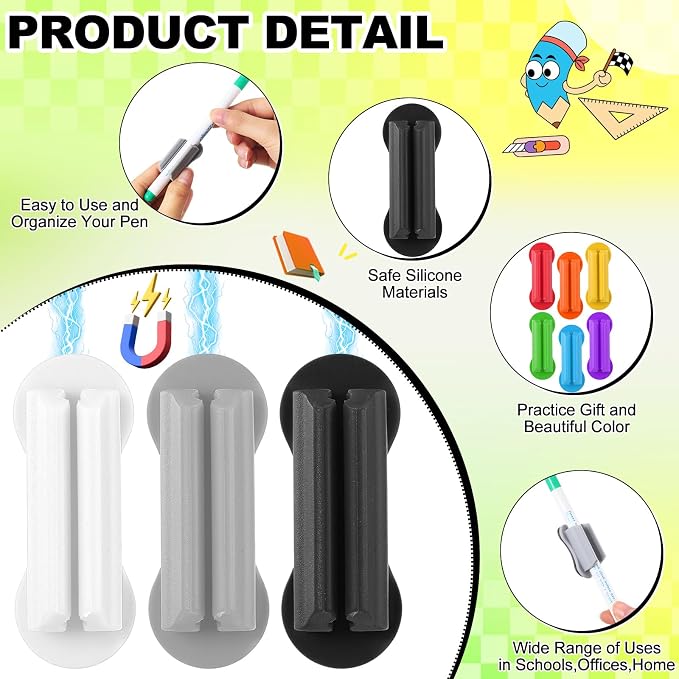 Sherr 24 Pack Silicone Magnetic Pen Holder for Refrigerator Magnetic Pencil Holders for Whiteboard Flexible Mark Holders Bookmark Locker Organizer Classroom Office Accessories(Black White Gray)