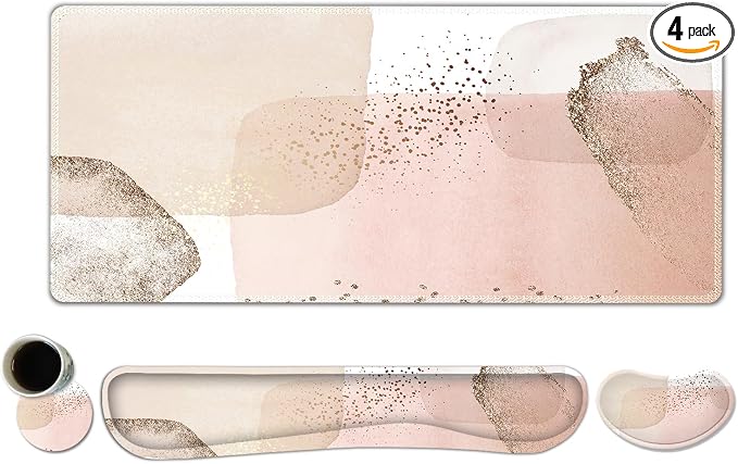 ToLuLu Extended Gaming Mouse Pad, Memory Foam Ergonomic Keyboard Mouse Wrist Rest Support Set, Large Desk Mat with Stitched Edges, Non-Slip Base Mousepad for Home Office Game Study, Pink Gold
