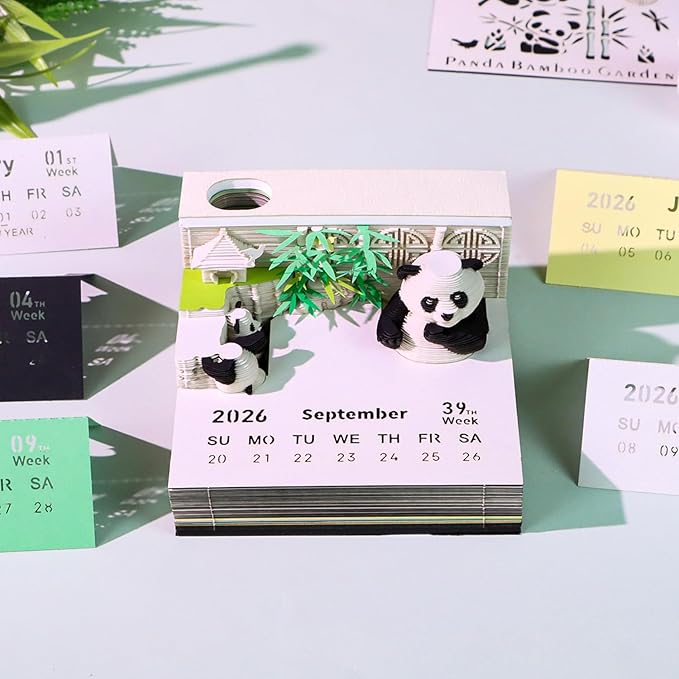 3D Art Calendar Memo Pad 2026, Tear Away 3D Paper Carving Time Piece Calendar Notepad Creative DIY Note,Bamboo Garden Panda