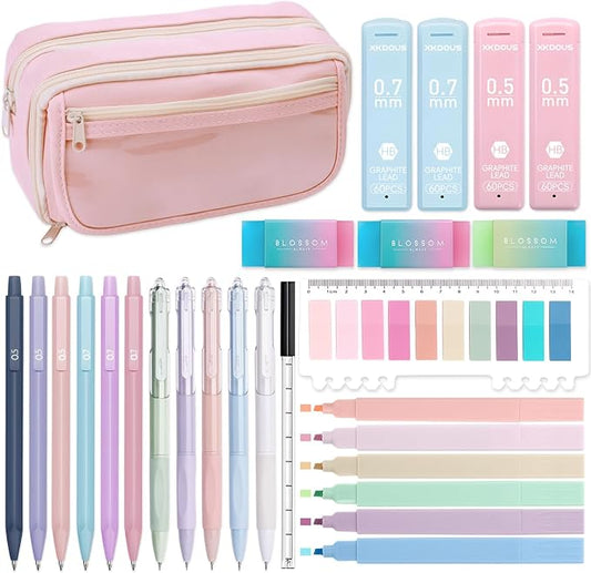XKDOUS Preppy School Supplies Kit with Large Capacity Pen Case, 6 Mechanical Pencils 0.5mm & 0.7mm with 240 Lead Refills, 6 Pastel Highlighters, 5 Gel Pens for Stationary College Essentials Gifts
