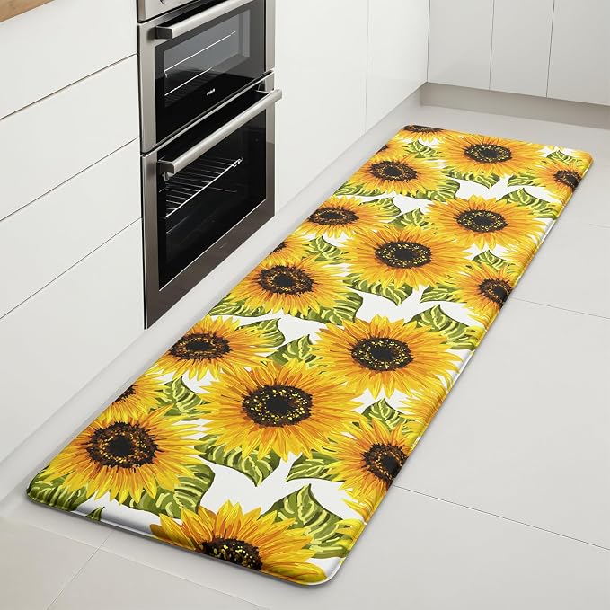 Sunflower Kitchen Decor Mat, Extra Long Anti Fatigue Kitchen Mats | Extra Long Coverage,Bright Sunflower Pattern,Cushioned Comfort,Waterproof Surface,Non-Slip Backing,Easy Clean,Kitchen Island