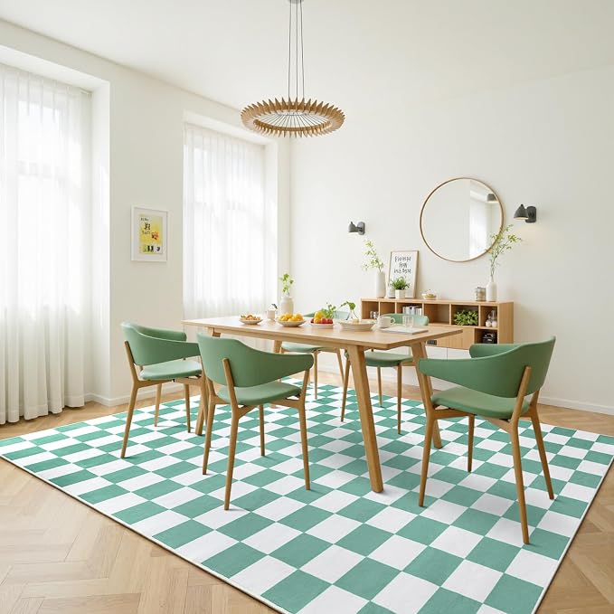 Terrug Green and White Checkered Rug for Living Room,5x7 Area Rugs Washable with Non Slip for Bedroom,Soft Low Pile Stain Resistance Retro Carpet for Dorm Kids Room