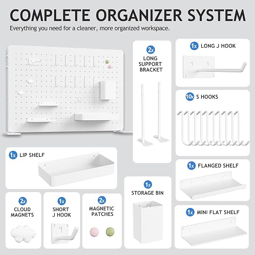 White Metal Pegboard Desk Organizer, 23.62 x 15.75 in with Hooks | Standing or wall-mounted metal panel with hooks, shelves, cup and holders for office, bedroom, craft room and desk storage