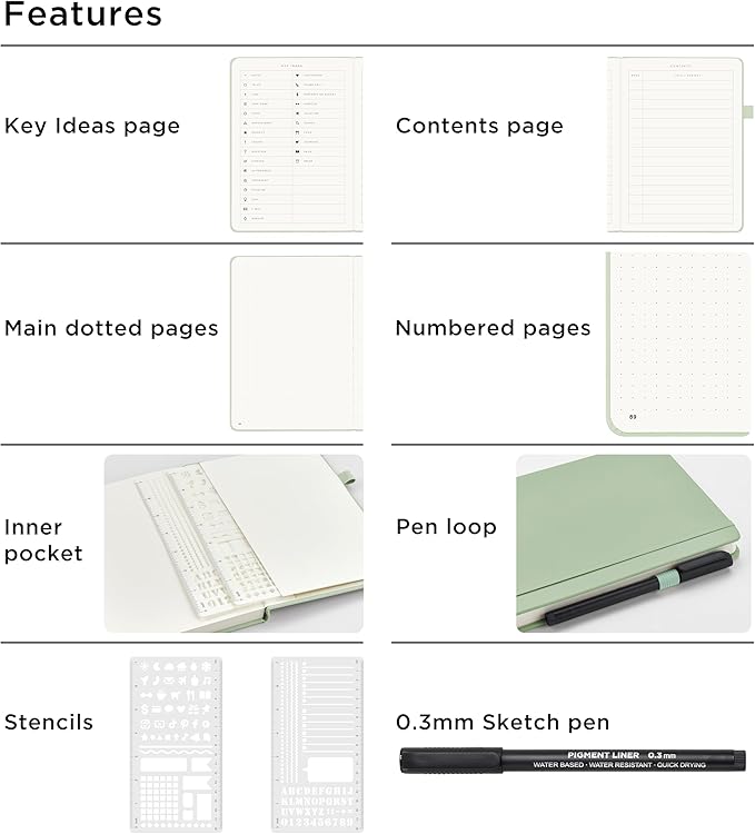 &And Per Se A5 Hardcover Dotted Notebook Kit for Beginners – 176 Numbered Pages, 100gsm Thick Paper, Includes Stencils & Fineliner Pen | Leather Bullet Journal with Templates, Lay Flat Design, Premium Gift for Women Men (Light Green)