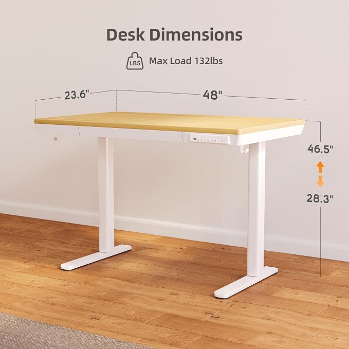 Claiks Bamboo Standing Desk with Drawers & USB Ports 48x24 Bamboo | Quick Install, Tape-C Port, USB Ports