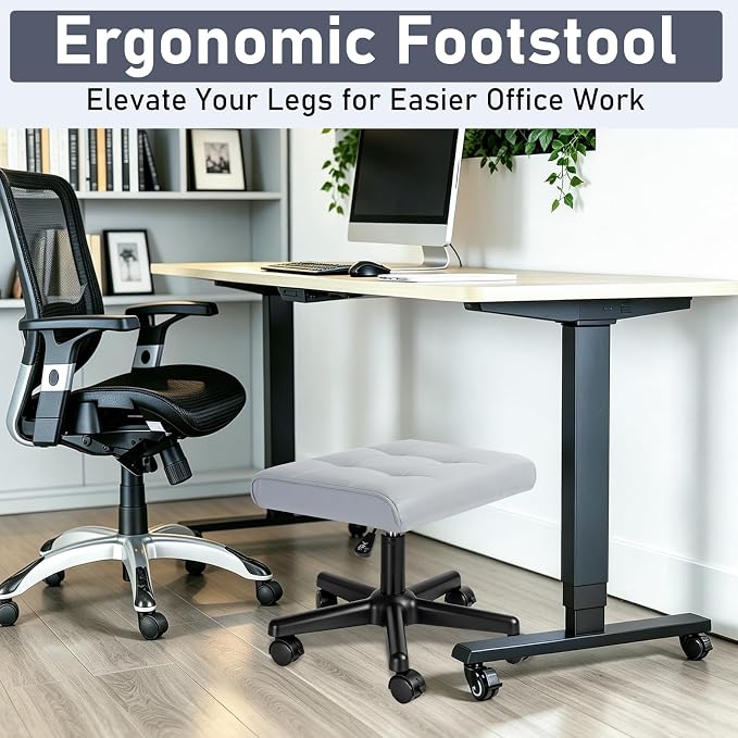 Footrest Under Desk Leg Rest Ottoman Adjustable Height Foot Stool with Wheels Leather Footrest Grey
