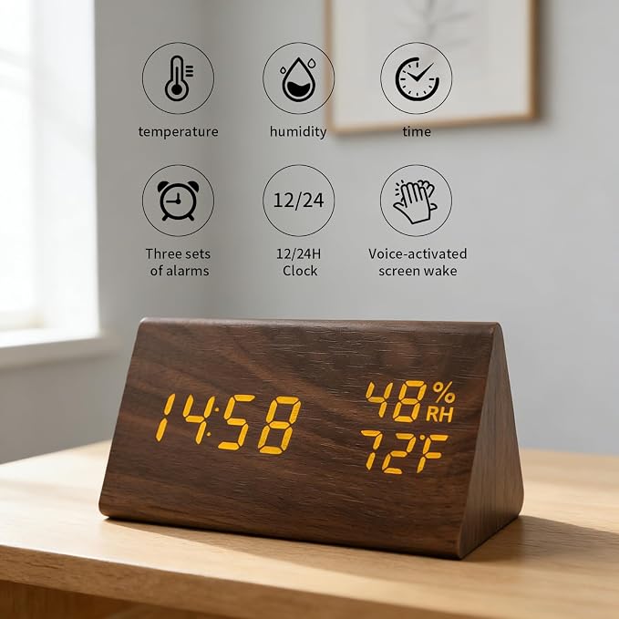 Wooden Digital Alarm Clocks for Bedrooms - Electric Desk Clock with Large Numbers, USB Port, Loud Alarm for Heavy Sleepers, Adjustable Volume, Dimmer, Snooze, DST, Wood Décor, Adapter Powered