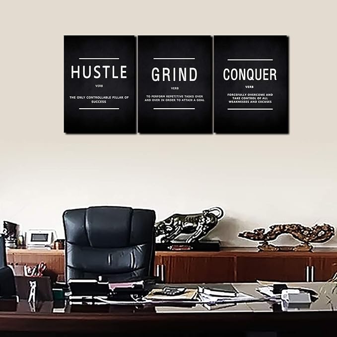 KAWAHONE Inspiration Canvas Wall Art Large, Grind Hustle Conquer Quotes Poster Framed Success Painting Picture Wall Sign for Home Office Workplace Wall Hanging- 24" Wx36 Hx3Piece
