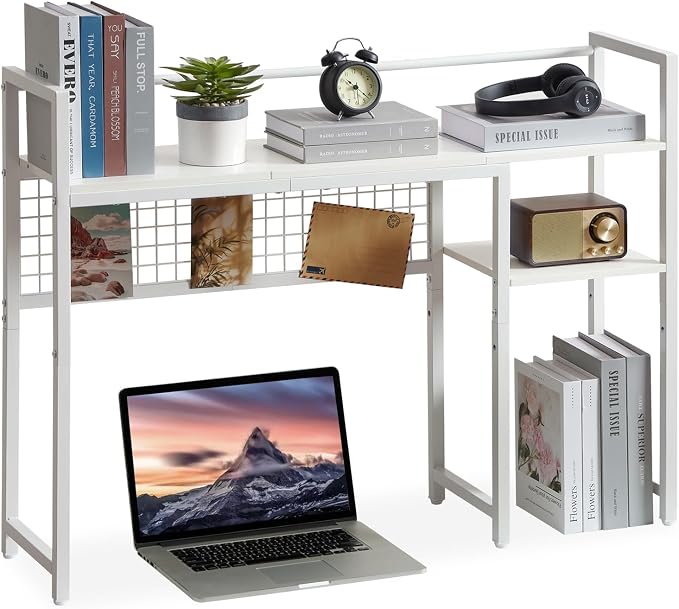 4-Tier Desk Hutch Shelf with Grid Panel, 39” Desktop Bookshelf for Monitor, Office & Home (White, 39")