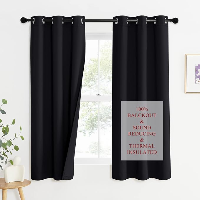 NICETOWN Sound Blocking Black Out Curtains for Nursery Bedroom, Full Blackout Noise Preventing Thermal Insulated Drapes, Noise Barrier Privacy Panels for Kicthen/Cafe (Black, 42" Wide x 63" Long)