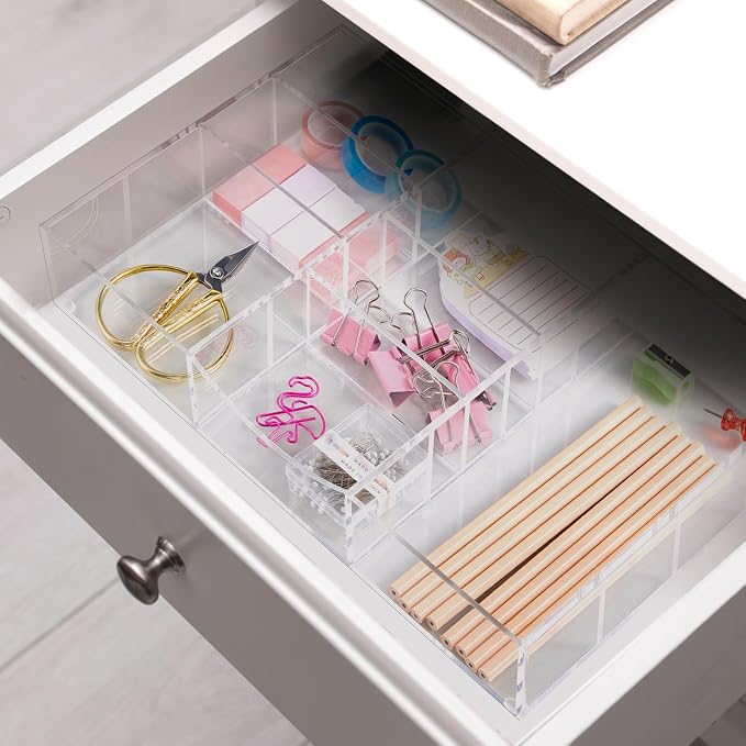 Briwooody Clear Acrylic Drawer Organizer,9 Compartments,Medium | 8.66 x 11.81 x 1.97 Inch Desk Storage Tray Organizer for Pen, Stationery, Desktop, Office, Bathroom, Kitchen, Makeup Supplies