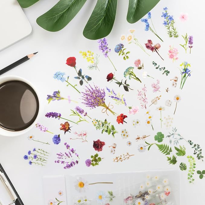 160Pcs Natural Flower Stickers for Scrapbooking,Self-Adhesive Transparent Flower Stickers Scrapbook Supplies Journaling Supplies for Adult Card Making Letters DIY Water Bottle Cards Decoration (160)