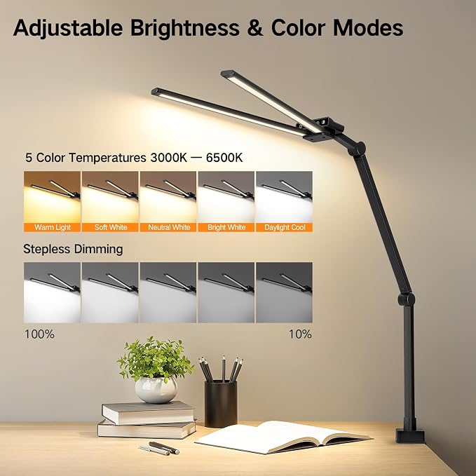 OUTON 29.5" LED Desk Lamp with Clamp for Home Office, 24W Eye-Caring Architect Desk Lamp for Dual Monitors, USB-C & USB-A Ports, Remote & Touch Control, 5 Color Temperatures, Stepless Dimming