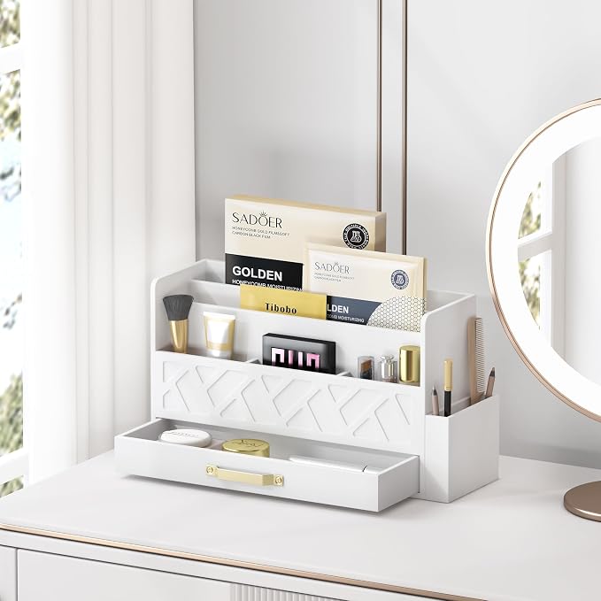 Wooden Desk Organizer,Desktop Organizer File Sorter for Office Supplies, Mail Organizer with Drawer,Desk Accessories & Workspace Organizers for Women （White）