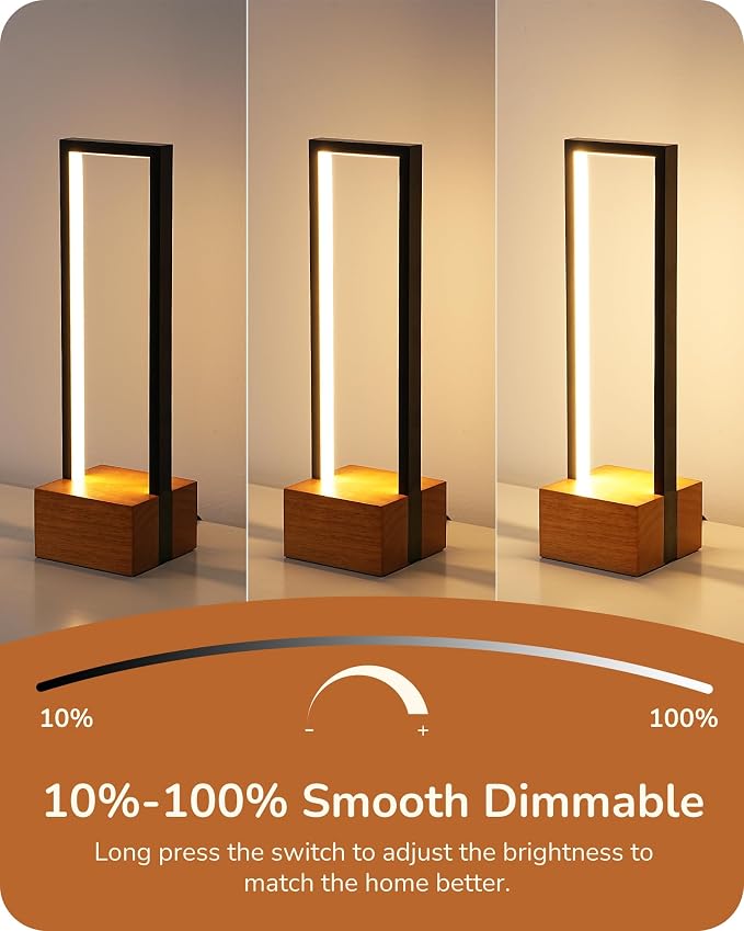EDISHINE LED Table Lamp, Wooden Bedside Lamp with 3 Color Temperatures, Dimmable Square Nightstand Lamp for Bedroom Living Room, Complete Dark Rose Wood Color Base