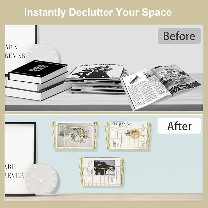TQVAI Hanging Wall File Organizer 3 Pack, Gold Metal Wall Mounted File Holder, No Assembly Required, Curved Pocket Paper Document Rack for Office Home School Magazine Mail Storage