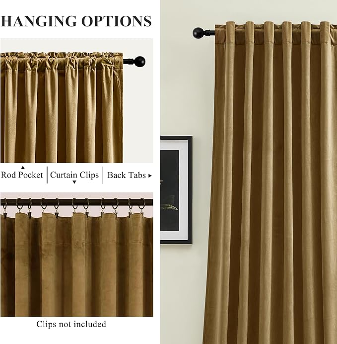 84 Inch Gold Velvet Curtains for Living Room & Bedroom, Thermal Insulated Blackout Curtain Heavyweight Room Darkening Window Drapes with Back Tab & Rod Pocket, Gold Brown, 52W x 84L, 2 Panels
