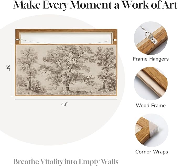 Framed Vintage Landscape Wall Art for Living Room, Large Horizontal Neutral Canvas Artwork for Walls, Tree Pictures Prints Paintings for Bedroom Dining Room Wall Decor, 24x48 Inch