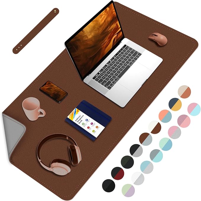 Double-Sided Office Desk Mat, Large Mouse Pad, Waterproof PU Leather Protective Pad, Laptop Desk Pad, Dual Use Cover Protector for Office/Home Keyboard (Brown+Grey, 31.5''×15.8'')