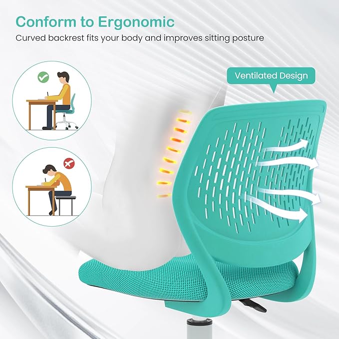 Giantex Kids Desk Chair, Armless Mesh Children Study Seat, Swivel Teen Desk Computer Chair with Adjustable Height & Lumbar Support, Turquoise