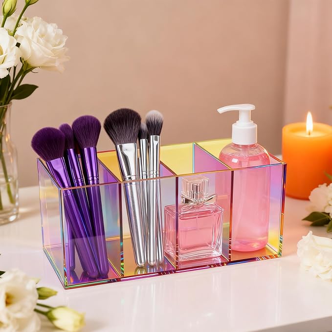 Pen Holder for Desk Neon Acrylic Pencil Holder Cup Makeup Brush Storage Organizer for Vanity, Iridescent