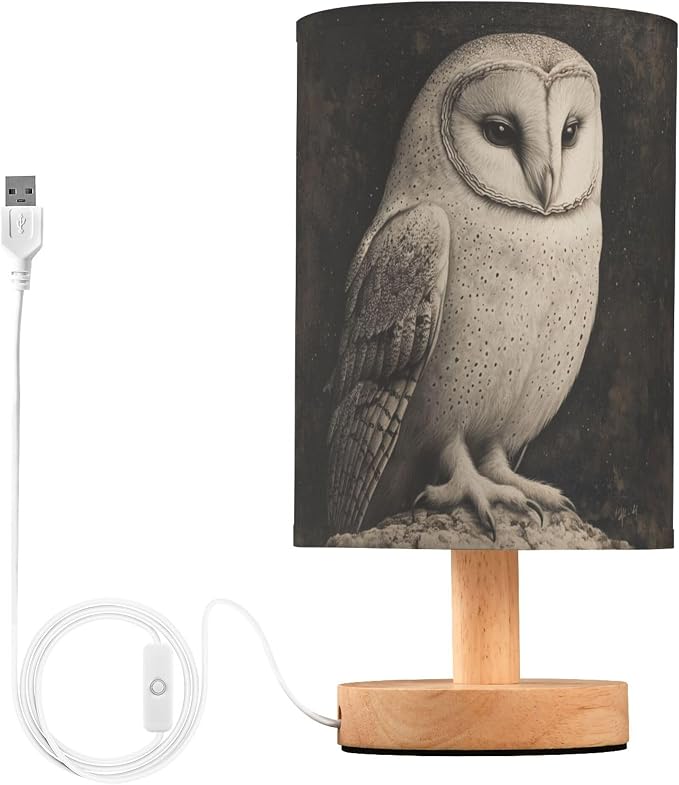 Table Lamp Owl Night Sky Nightstand Lamp with Wood Base Fabric Lamp Shade Bedside Desk Lamp for Living Room Bedroom Kids Room Office