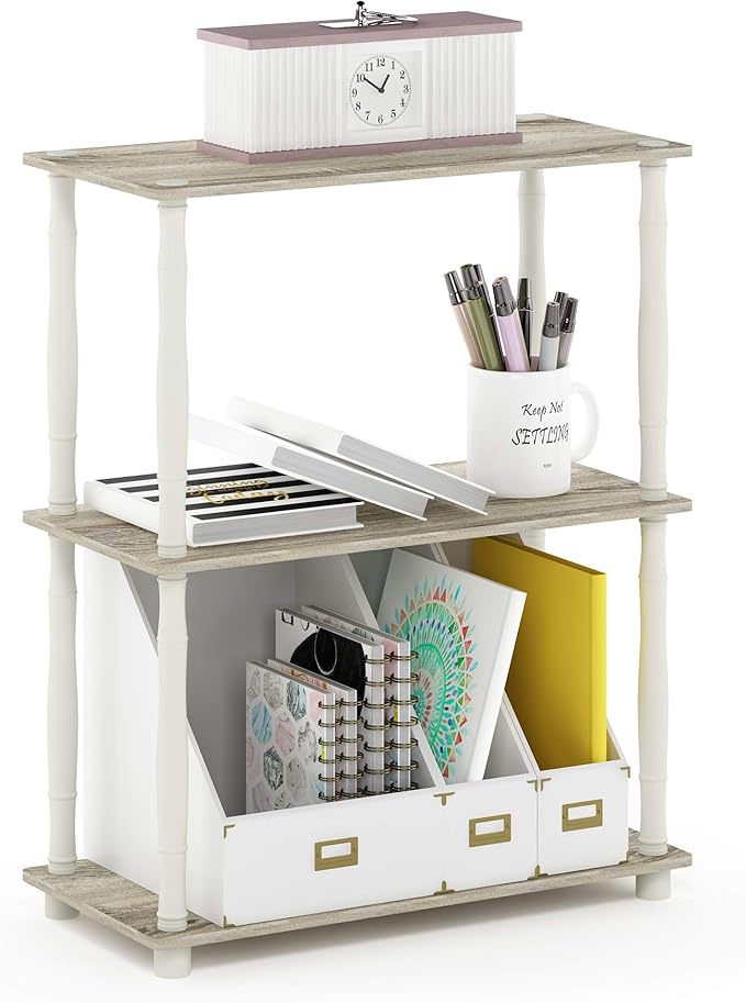 Furinno Turn-N-Tube 3-Tier Compact Multipurpose Shelf Display Rack with Classic Tube, Sonoma Oak/White | Open Shelves Corner Shelf, Book Shelf, for Organization and Storage, Living Room, Garage, Home Office
