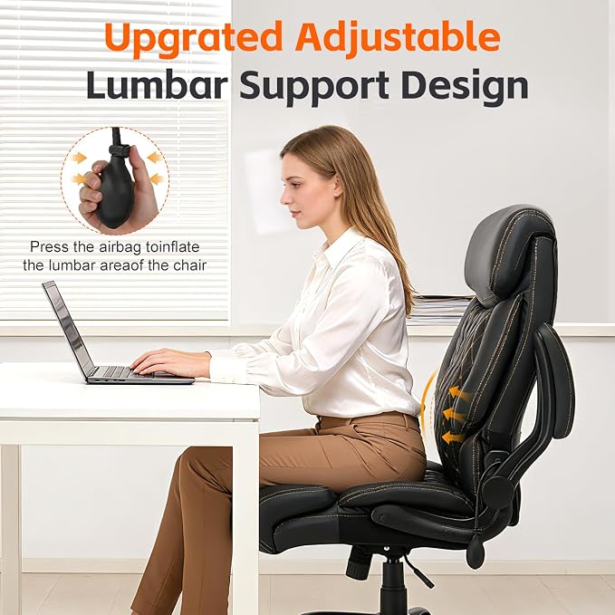 Big and Tall Office Chair 600lbs, Heavy Duty Ergonomic Executive Desk with Adjustable Armrests, Wide Seat, PU Leather Fabric, Air-Adjust Lumbar, Comfortable Office Chair for Heavy People