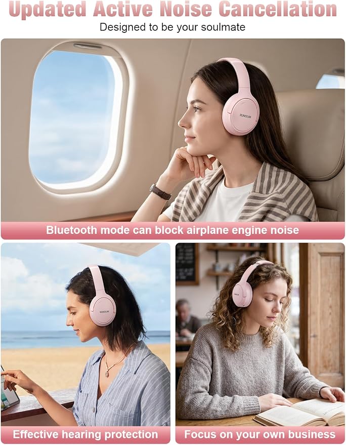 RUNOLIM Hybrid Active Noise Cancelling Headphones, Wireless Over Ear Bluetooth Headphones with Microphone, 100H Playtime, Foldable Headphone with HiFi Audio, Deep Bass for Home Travel Office（Pink）