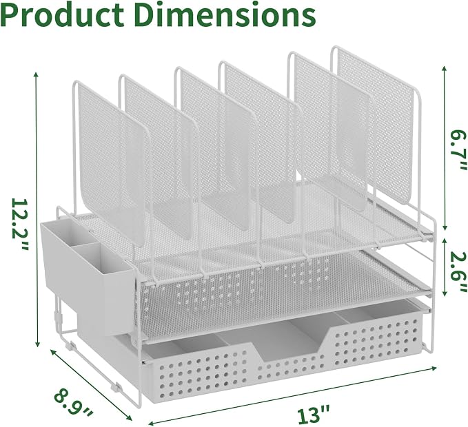 LEKETREE Desk Organizer, Office Organization with Vertical File Holder, File Organizer with Drawer and Pen Holder, Desk Accessories and Workspace Organizers for Home Office (White)