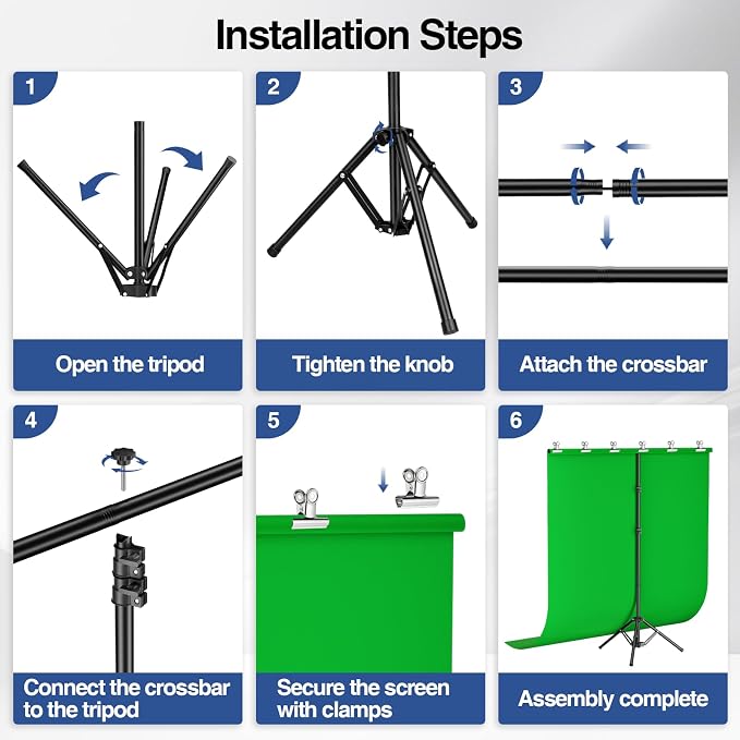 5x7ft Green Screen Backdrop Kit with Stand, Portable Greenscreen Background Includes Foldable T-Stand, 6 Clips and Carry Bag for Streaming, Gaming, Meeting, Video Production, Photography