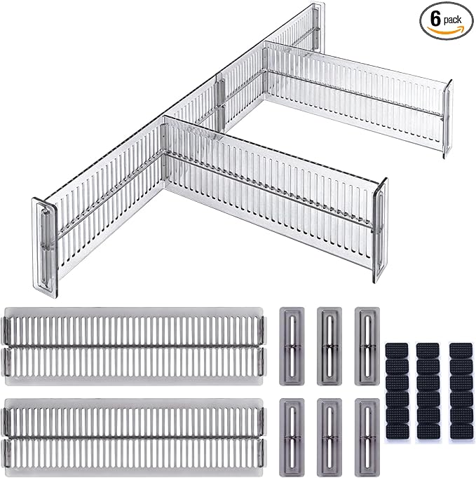 6 Pack 3.2in Drawer Divider, 11-20.5in Adjustable Dresser Drawer Organizer for Clothes, Socks, Underwear, Plastic Separators for Kitchen Utensils, Office, Clear Gray