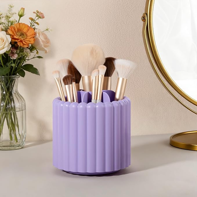360° Rotating Pen Holder for Desk Removable Pencil Organizer, Purple | 7 Slots Pen Cup Cute Office Supplies and Accessories Plastic Desktop Storage Box Art Caddy for School, Work, Home