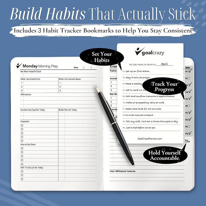 Goal Crazy Undated Daily Planner to Achieve Your Goals - 90 Day Guided Journal & Productivity Organizer with Goal Setting, Habit Tracker, To Do List, Academic & Work Calendar, Leather Hardcover - Navy