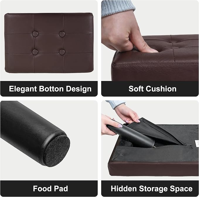 CAROLMADE Footstool Ottoman with Legs, PVC Small Foot Rest Under Desk, Ottoman with Storage for Living Room, Bedroom, Entryway Brown