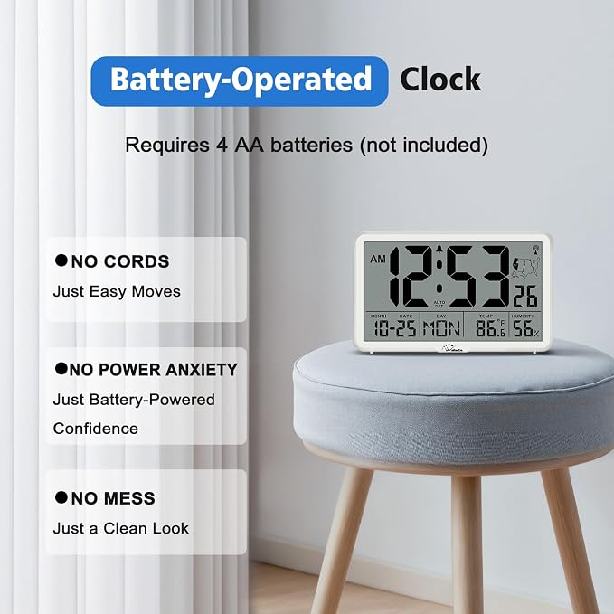 WallarGe Atomic Wall Clock with Backlight, Battery Operated | Large Digital Display, Indoor Temperature, Humidity, Date, AUTO DST, 6 Time Zones