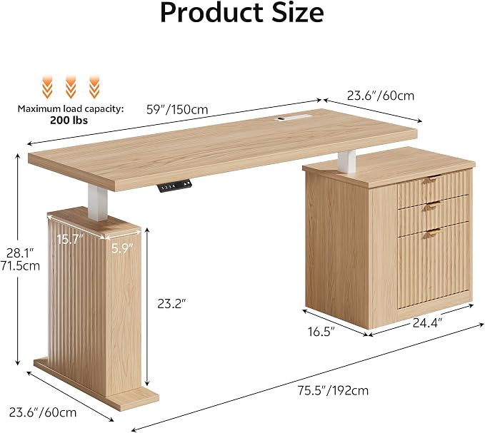 75.5'' Electric Standing Desk with Drawers, Farmhouse Height Adjustable Corner Desk, Sit Stand Office Desk with 4 AC Outlets & Type C Port, Executive Computer Desk, Natural