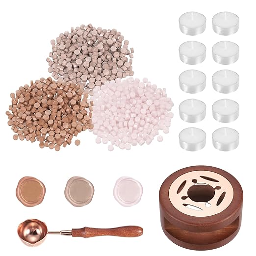 PATIKIL Wax Seal Kit, 300 Pcs Wax Sealing Beads, Wooden Warmer, Melted Spoon, 10 Pcs Tealight Candles for Envelope Letter Mailing Crafts DIY, Powdered Water/Light Pink/Almond Skin