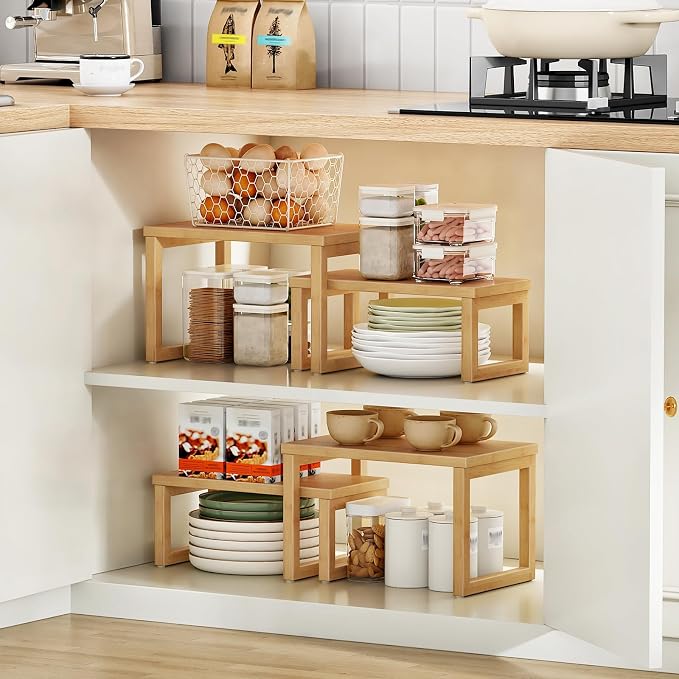 HOOBRO Cabinet Organizer Shelf, Set of 4 Kitchen Counter Shelves, Expandable Kitchen Storage, Stackable Bamboo Spice Rack, for Countertop, Office Desk, Living Room, Natural YL20TLP201