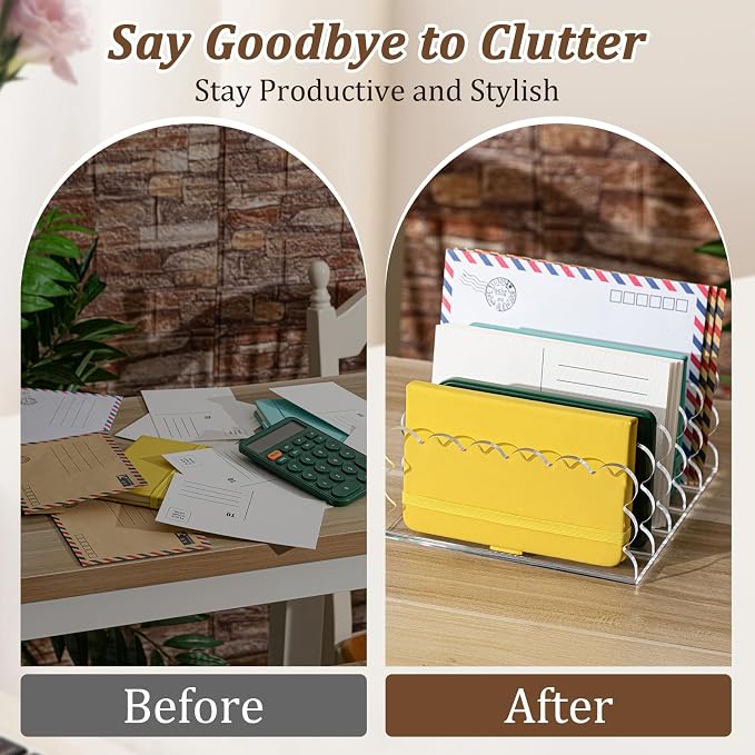 Clear Vertical File Organizer Acrylic File Holder Mails Letter Paper Envelope holder Stand Desk Organizer for Office Home School(5 Compartments,6.3 x 5.9 x 3 Inch)