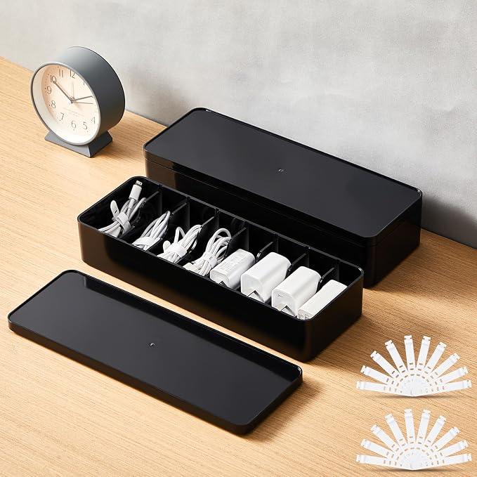 Tatuo 2 Pcs Cord Organizer for Drawer Desktop, Cable Organizer Box with 8 Compartments and Wire Ties, Plastic Charger Storage with Lid, Electronics Case for Home Office Accessories (Small,Black)