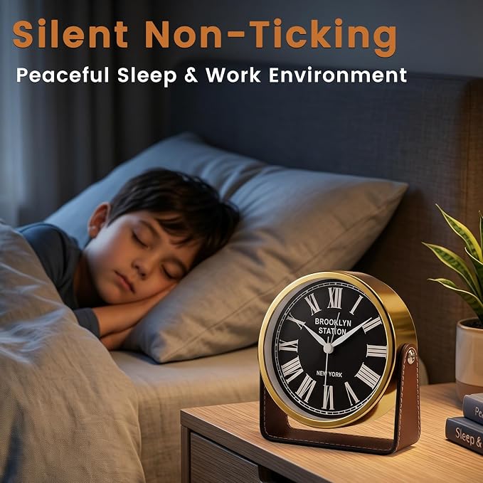Analog Alarm Clock - 4.5" Silent Non Ticking Small Clock with Light, Rotatable Stand Metal Desk Clock Battery Operated, Simple Design for Living Room Decor/ Bedroom/Bedside/Shelf (Gold & Brown)