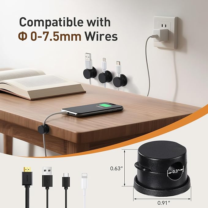 AGPTEK 8 Pack Magnetic Cable Clips, 360° Rotatable Cord Holder, Black | Cable Holder for Nightstand, Desk Cord Organizer Adhesive Wire Management Home Phone Charging Cords USB Cable Keeper