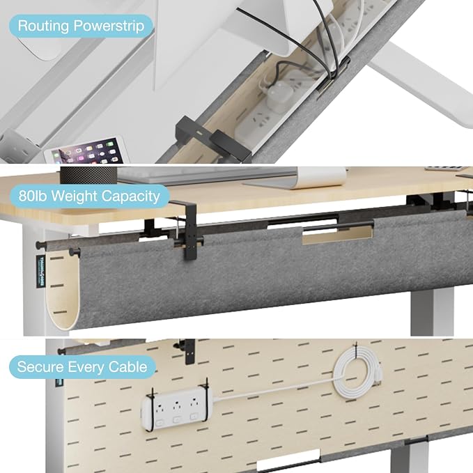 No Drill Under Desk Cable Management Tray,30" Felt Cord Organizer for Table | Clamp or Screw Mount, Converts to Privacy Panel, Pegboard Design, Wire Management for Standing Desk & Home Office