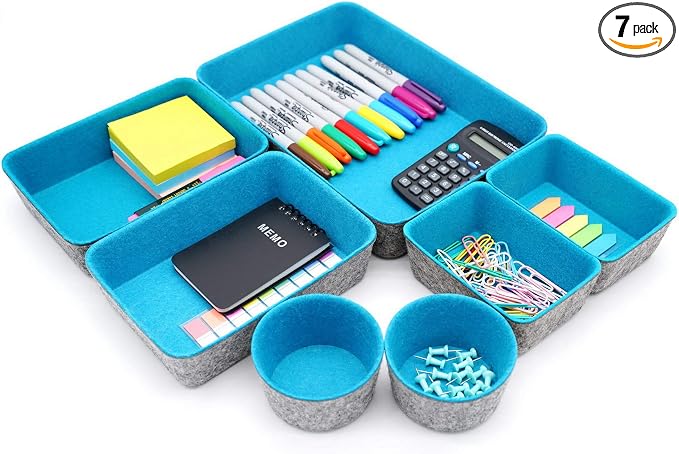 Drawer organizers bins felt tray desk storage bins dividers small organizing box for office supplies closet cabinet makeup holder Fall room decor 7-piece (Turquoise)