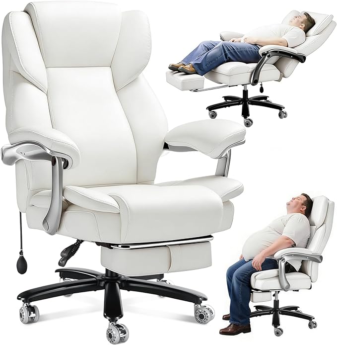 WAILOR 600lbs Big and Tall Office Chair for Heavy People,Heavy Duty Comfy Executive Office Desk Chair with Adjustable Lumbar Support,High Back Reclining PU Leather Computer Chair (Classic, White)