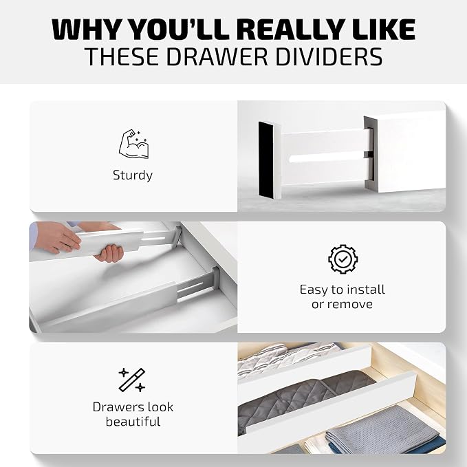 4-Pack Drawer Divider - 2.6" High, 16" to 22" Adjustable Bamboo Drawer Organizers for Clothes, Expandable Dresser Separators in Bedroom/Bathroom/Kitchen/Office Organization and Storage (White)